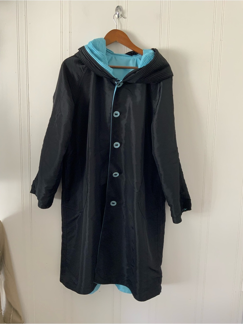 Reversible Women’s Black Trench Coat with Light Blue Hood Trim